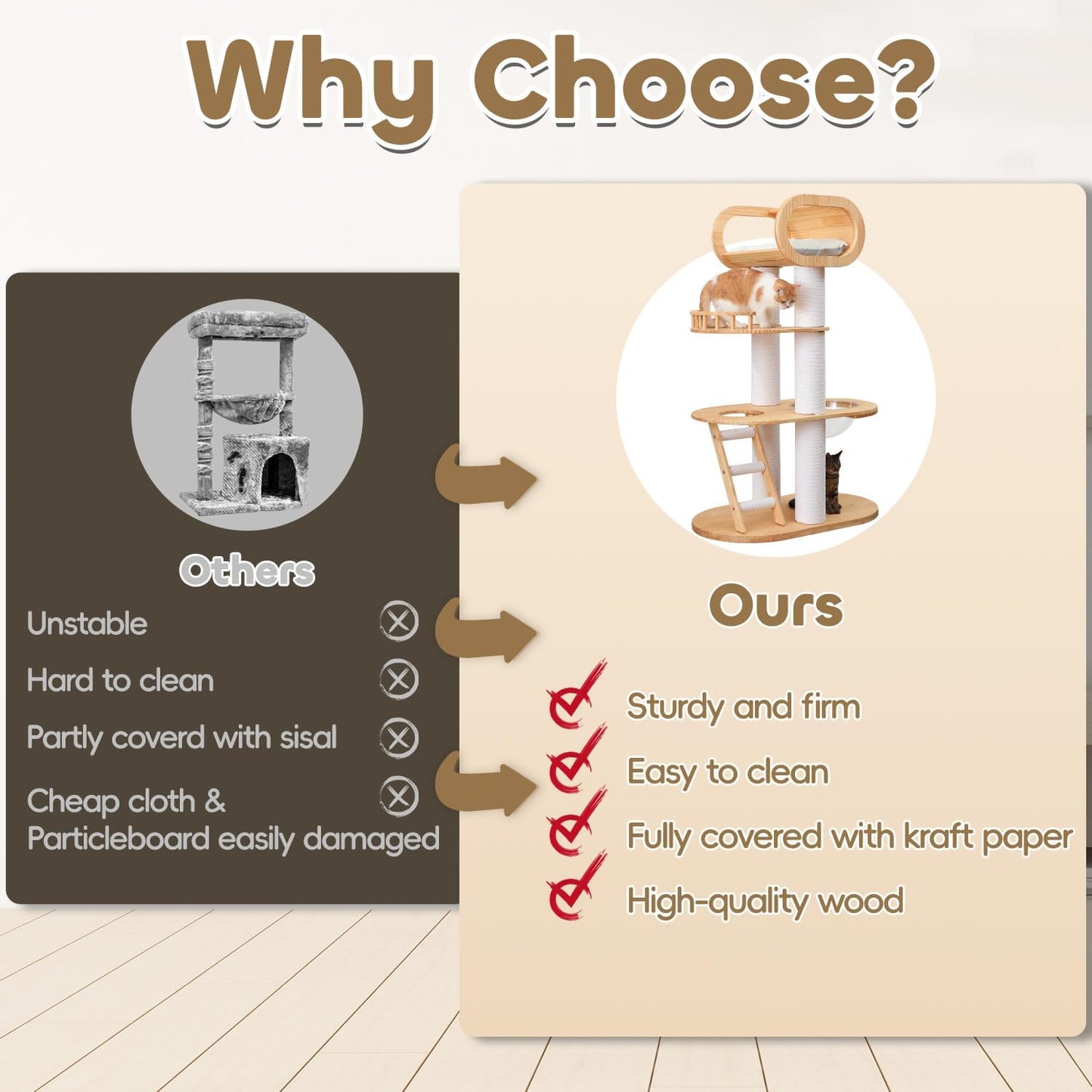 63'' Tall Modern Cat Tree for Indoor Cats, Luxury Cat Tree, Multi-Level Wood Climb Tower for Large Cat, Heavy Duty Kitty House with Transparent Bowl, Large Perches with Removable Cushion