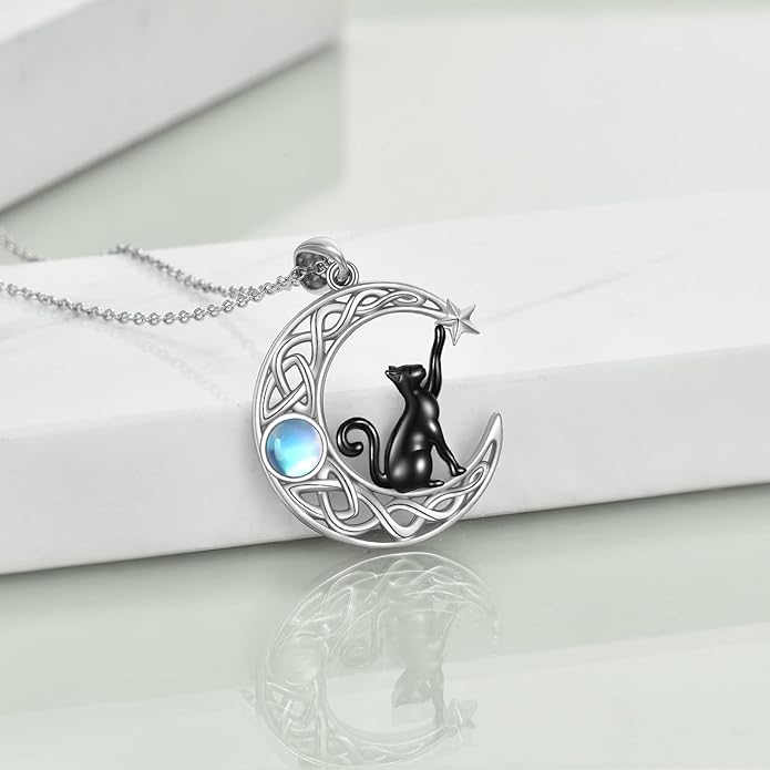 Celtic Moon Black Cat Necklace for Women - Abalone Tree of Life Sterling Silver Cat Lovers Jewelry