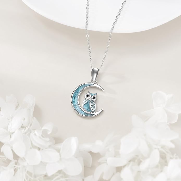 Turquoise Animal Necklace 925 Sterling Silver Cat/Fox/Owl Moon Pendant Jewelry Gift for Women