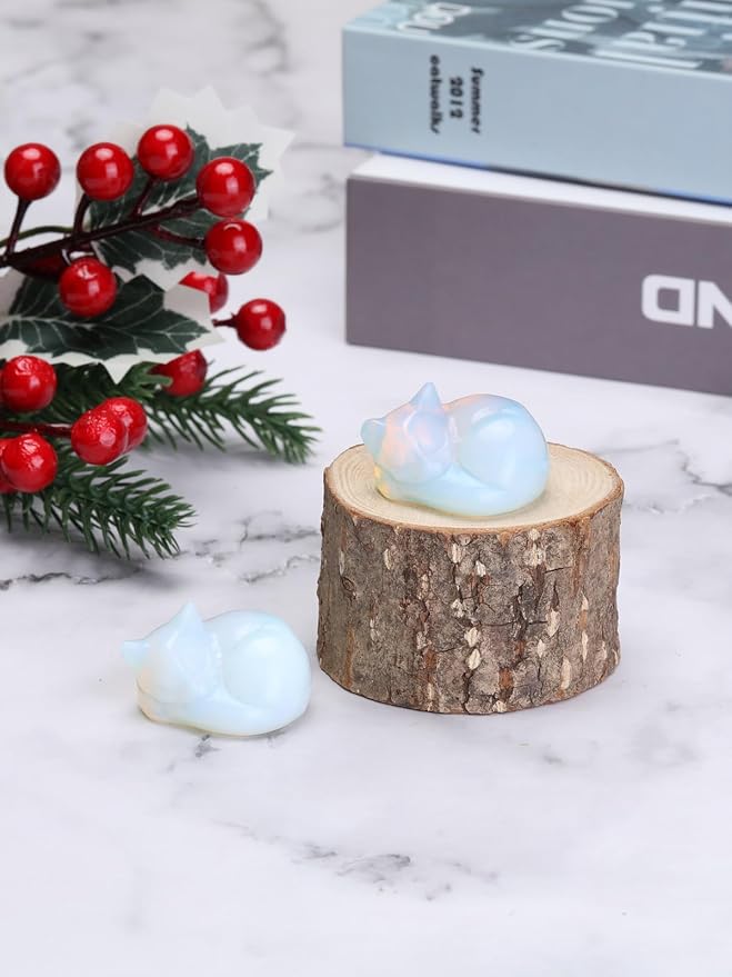 Top Plaza 1.6" Opalite Cat Crystal Statue Cute Sleeping Cat Figurine Polished Carved Gemstones Sculpture Home Office Desk Decor Balancing Meditation Crystal Gifts for Women Cats Lover