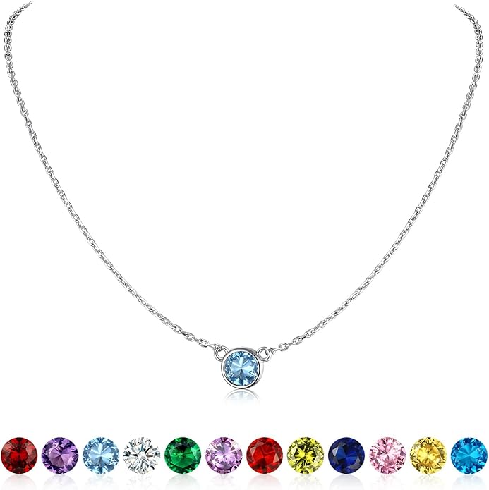 SILVERCUTE Sterling Silver Birthstone Necklace for Women,Dainty Silver Pendant Necklace with Round Cubic Zirconia,16"-18"