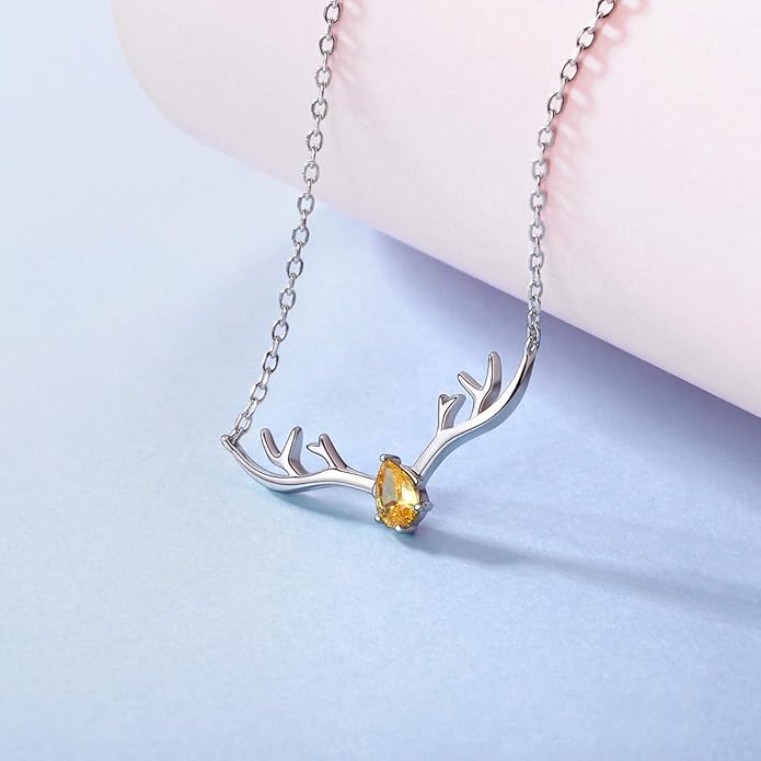 SILVERCUTE Sterling Silver Birthstone Necklaces for Women, Xmas Antler Deer Pendant Necklace with Colorful Cubic Zirconia,16-18 inches