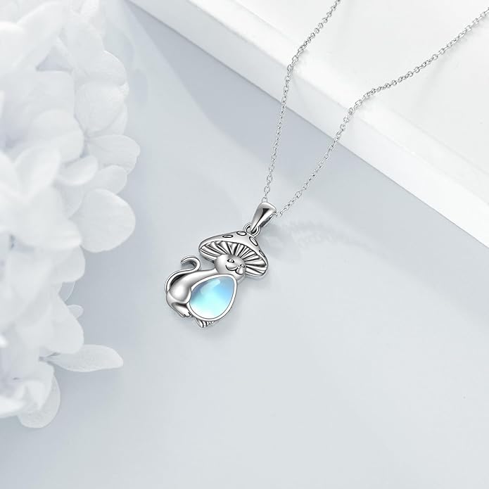 Teardrop Moss Agate/Turquoise/Moonstone/Larimar Mermaid/Fox/Cat Necklace Sterling Silver Pendant Necklace Jewelry Gifts for Women