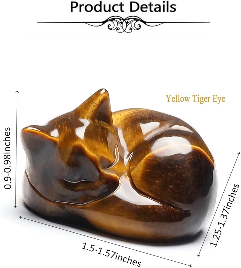 Top Plaza 1.6" Tiger Eye Stone Cat Crystal Statue Cute Sleeping Cat Figurine Polished Carved Gemstones Sculpture Home Office Desk Decor Balancing Meditation Crystal Gifts for Women Cats Lover