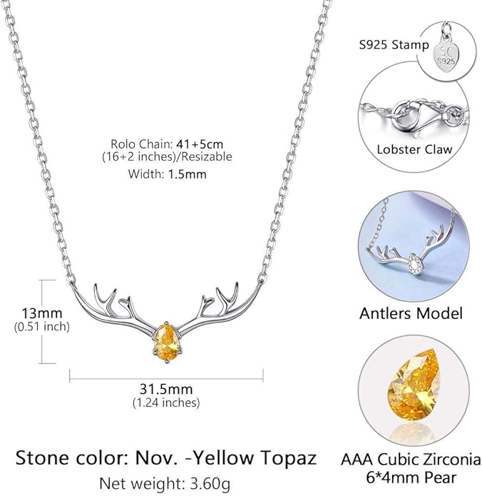 SILVERCUTE Sterling Silver Birthstone Necklaces for Women, Xmas Antler Deer Pendant Necklace with Colorful Cubic Zirconia,16-18 inches