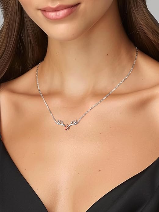 Silvora 925 Sterling Silver Deer Antler Necklace, Antler Deer Jewelry Antler Pendant Choker Birthstone Necklace Christmas Jewelry for Women