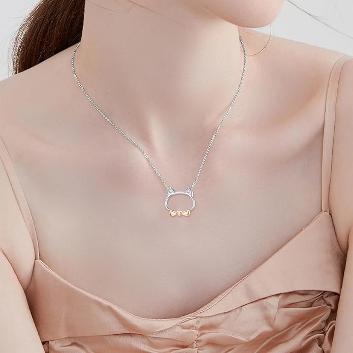 Sterling Silver Blue Topaz/Diamond Cat Pendant Necklace - Jewelry Gifts for Cat Lovers (18"+2")