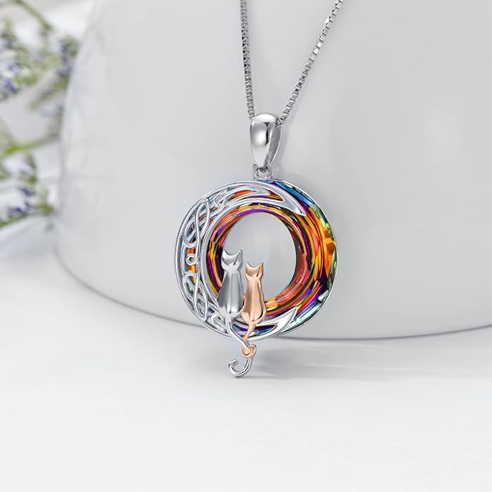 TOUPOP Cat Gifts for Cat Lovers 1 2 3 Cats Necklace Sterling Silver Cat on the Moon Pendant Necklace with Blue Circle Crystal Birthday Christmas Celtic Jewelry Gifts for Women