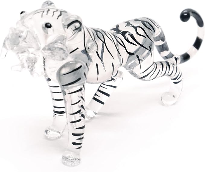 ChangThai Design Tiny 3½" Clear Black Striped Roaring Tiger Figurine - Miniature Hand Blown Glass Tigers Wild Cats Wildlife Felidae Animal Crystal Decorative Figure Collectible Figurines Décor Gifts