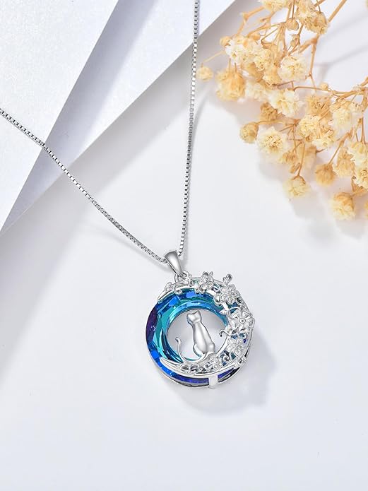 TOUPOP Cat Gifts for Women Sterling Silver Cat Necklaces with Circle Crystal Cat Lovers Jewelry Gifts for Women Girls Birthday Christmas