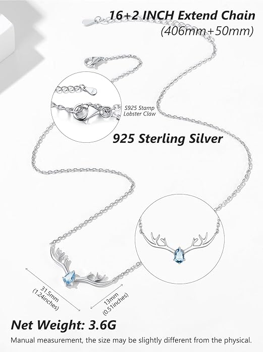 Silvora 925 Sterling Silver Deer Antler Necklace, Antler Deer Jewelry Antler Pendant Choker Birthstone Necklace Christmas Jewelry for Women