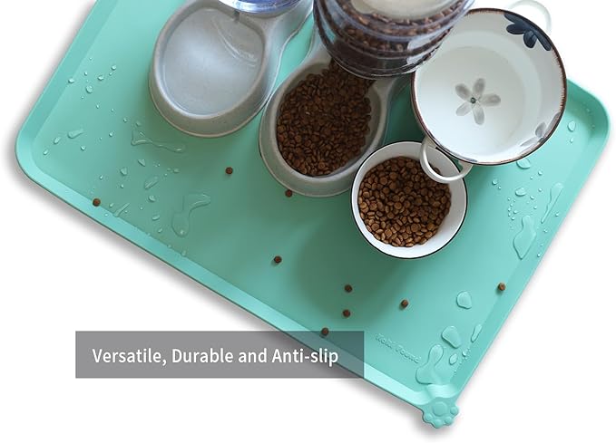 Hoki Found X-Large Silicone Non Slip Pet Food Mats - Silicone Pet Proof Bowls - Waterproof & Easy to Clean - For Dogs & Cats - Cool Mint