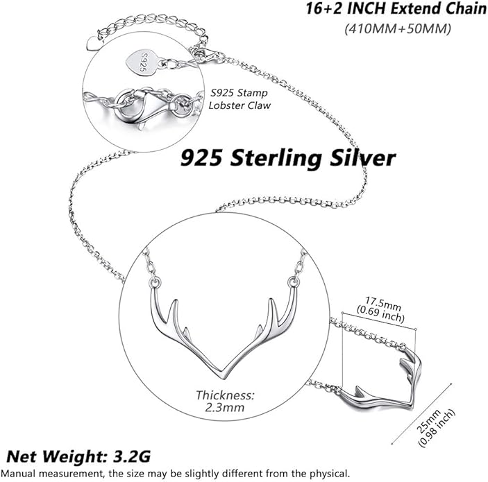Silvora 925 Sterling Silver Deer Antler Necklace, Antler Deer Jewelry Antler Pendant Choker Birthstone Necklace Christmas Jewelry for Women