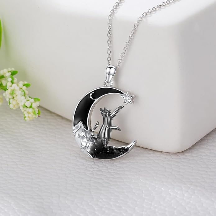Sterling Silver Blue Topaz/Diamond Cat Pendant Necklace - Jewelry Gifts for Cat Lovers (18"+2")