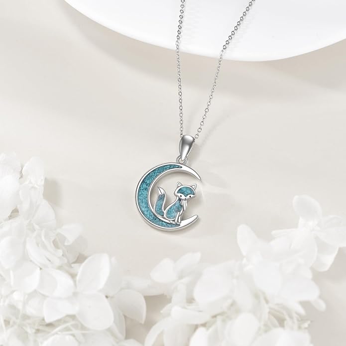 Turquoise Animal Necklace 925 Sterling Silver Cat/Fox/Owl Moon Pendant Jewelry Gift for Women