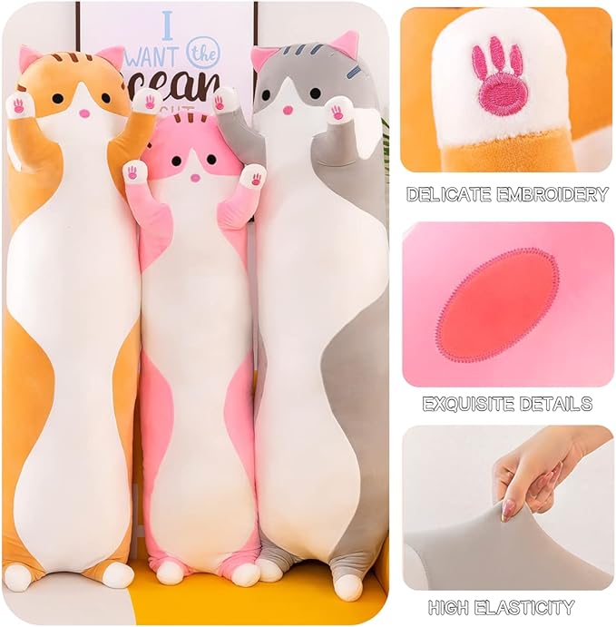 Giant Cat Pillow Plush Cartoon Kitty Sleeping Hugging Pillow, Cuddly Soft Long Kitten Body Pillow Doll Cat Cushion Toy for Kids Girlfriend (Yellow, 110cm/43.3inch)