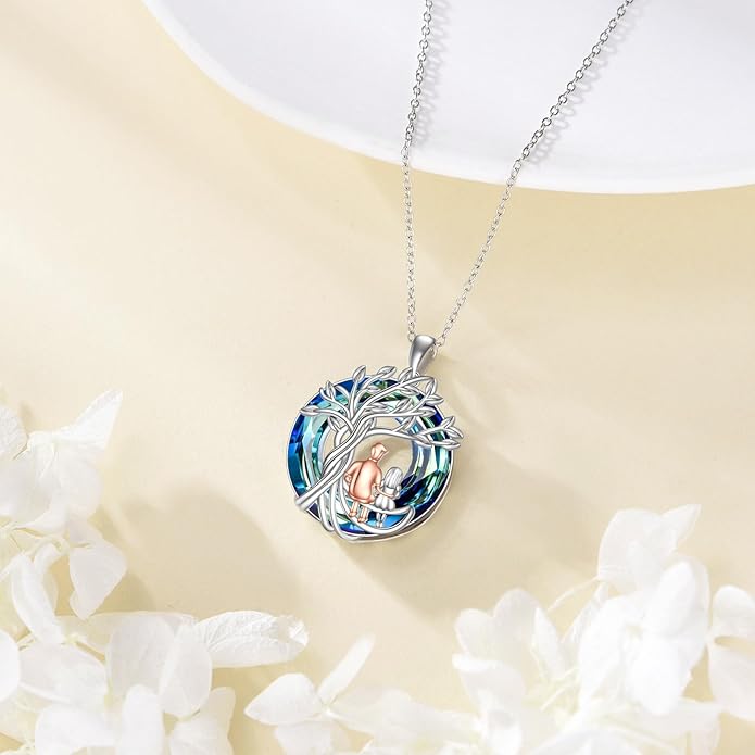 Tree of Life Necklace Sterling Silver Sister Pendant Blue Crystal Jewelry Gift for Women