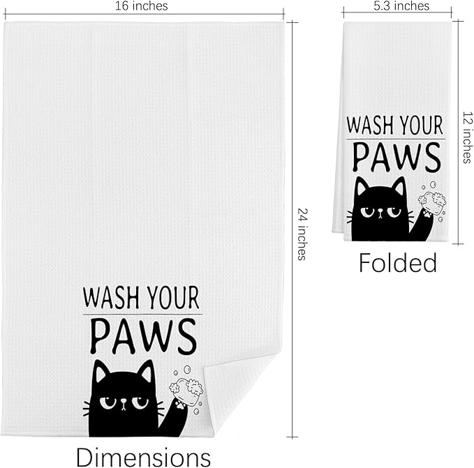 QIYUHOY Black Cat Kitchen Towels and Dishcloths,Wash Your Paws,Cat Theme Dish Towels Gifts for Cat Lovers,Hand Towels for Kitchen,24x16 Inch (White)