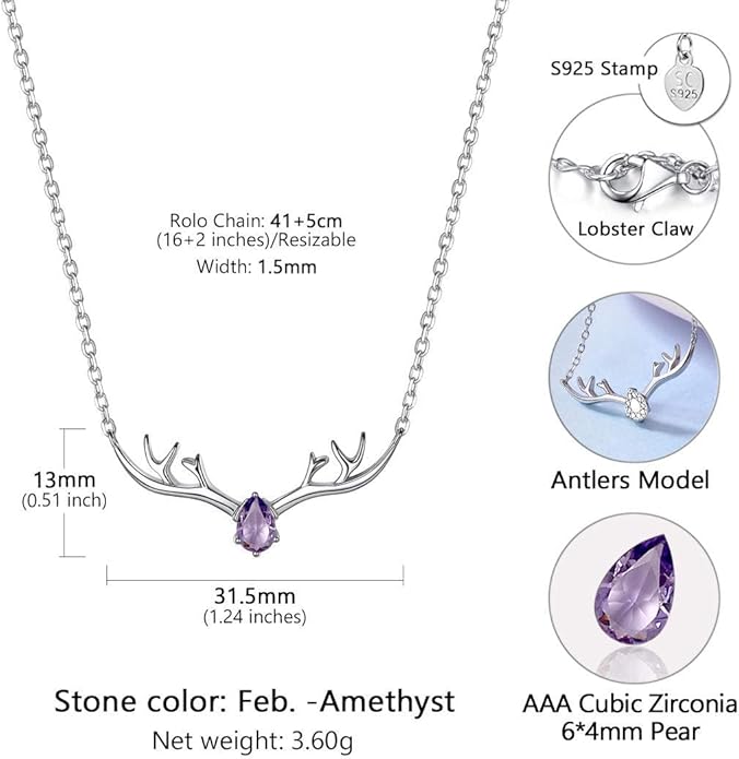 SILVERCUTE Sterling Silver Birthstone Necklaces for Women, Xmas Antler Deer Pendant Necklace with Colorful Cubic Zirconia,16-18 inches
