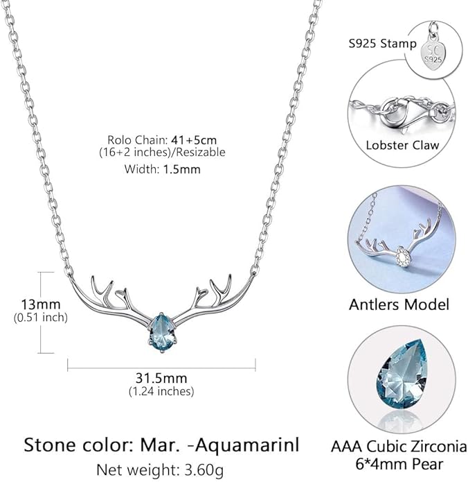 SILVERCUTE Sterling Silver Birthstone Necklaces for Women, Xmas Antler Deer Pendant Necklace with Colorful Cubic Zirconia,16-18 inches