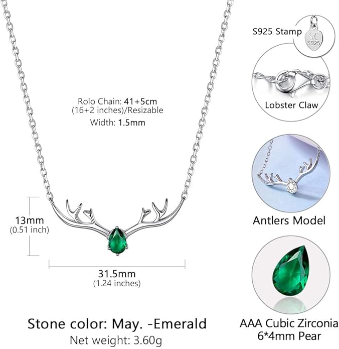 SILVERCUTE Sterling Silver Birthstone Necklaces for Women, Xmas Antler Deer Pendant Necklace with Colorful Cubic Zirconia,16-18 inches