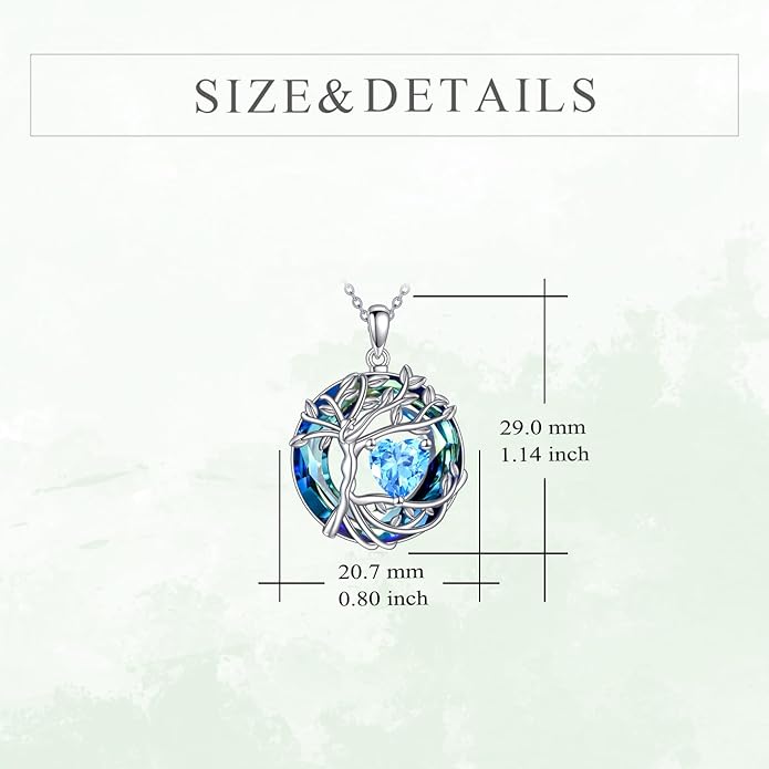 Tree of Life Necklace Sterling Silver Sister Pendant Blue Crystal Jewelry Gift for Women