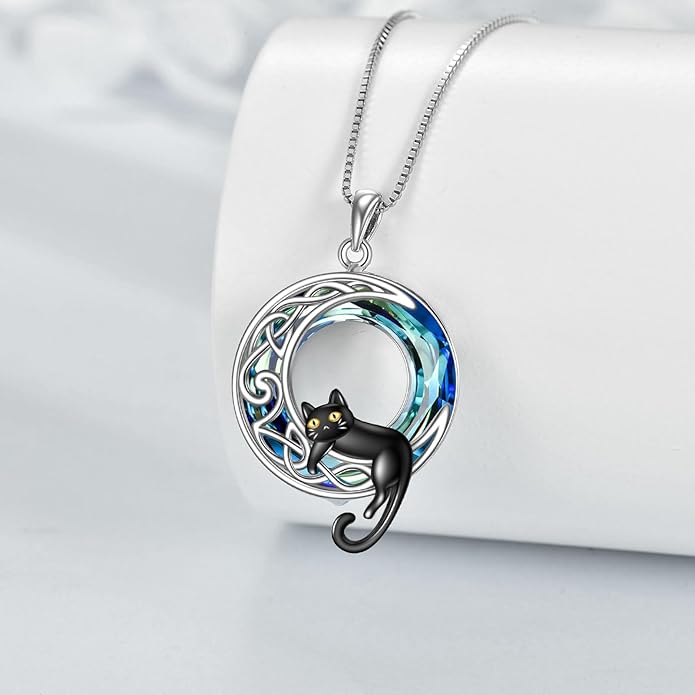 AOBOCO Cat Necklace Sterling Silver Bat Black Cat Quartz Cat Necklace Ghost Pumpkin Pentagram Witch Pendant Necklace Halloween Gifts for Women