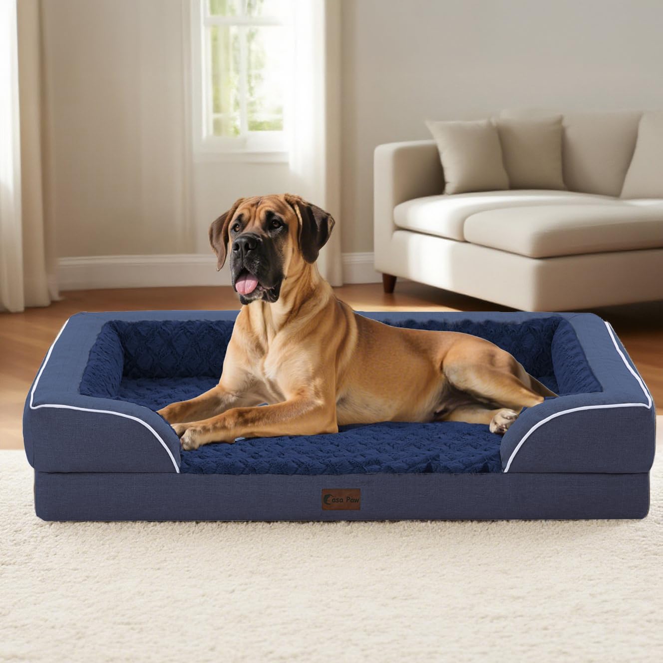 Orthopedic Waterproof Dog Bed for Extra Large Dogs, Memory Foam XL Dog Bed with Sides, Egg-Crate Foam and Non-Slip Bottom Jumbo Dogs Couch Beds with Washable Removable Cover(Jumbo,Navy Blue)