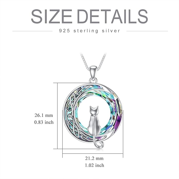 TOUPOP Cat Gifts for Cat Lovers 1 2 3 Cats Necklace Sterling Silver Cat on the Moon Pendant Necklace with Blue Circle Crystal Birthday Christmas Celtic Jewelry Gifts for Women