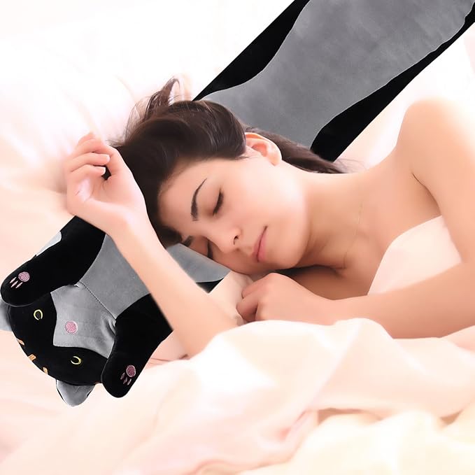 shangman Lovely Plush Cat Doll Cute Cartoon Soft Stuffed Kitten Pillow Long Throw Sleeping Pillow Doll Toy Valentines Day Gift for Kids Girlfriend (Black, 130cm/51.1in)