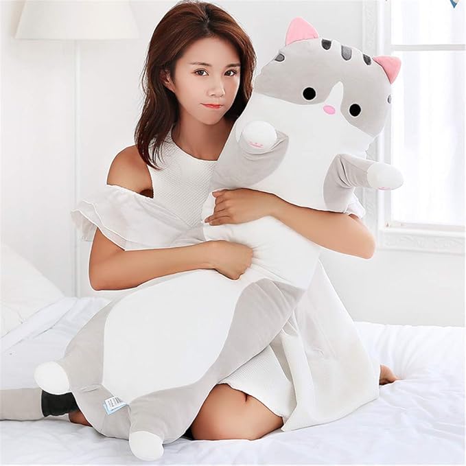 shangman Lovely Plush Cat Doll Cute Cartoon Soft Stuffed Kitten Pillow Long Throw Sleeping Pillow Doll Toy Gift for Kids Girlfriend Multiple Size (Grey,130cm/51.1in)