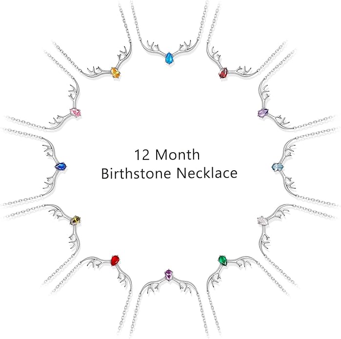 SILVERCUTE Sterling Silver Birthstone Necklaces for Women, Xmas Antler Deer Pendant Necklace with Colorful Cubic Zirconia,16-18 inches