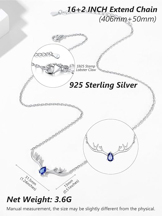 Silvora 925 Sterling Silver Deer Antler Necklace, Antler Deer Jewelry Antler Pendant Choker Birthstone Necklace Christmas Jewelry for Women