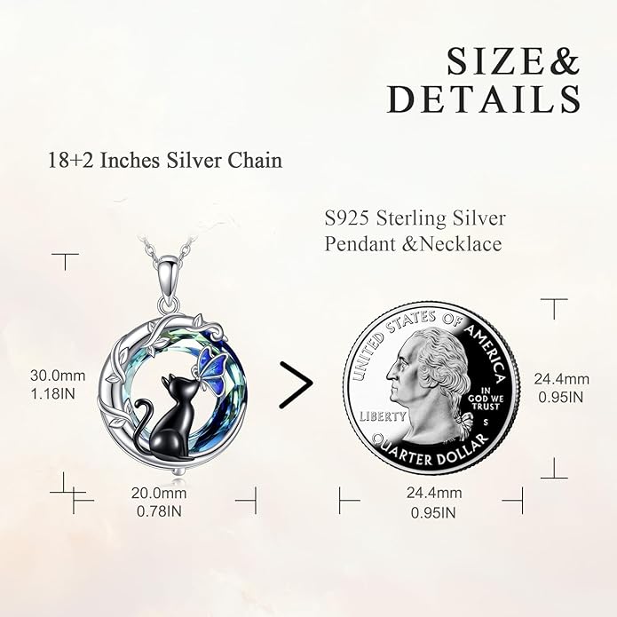 TIGER RIDER Moon Cat Necklace 925 Sterling Silver Blue Butterfly Black Jewelry Gifts Birthday Christmas Gifts for Women Wife Cat Lovers
