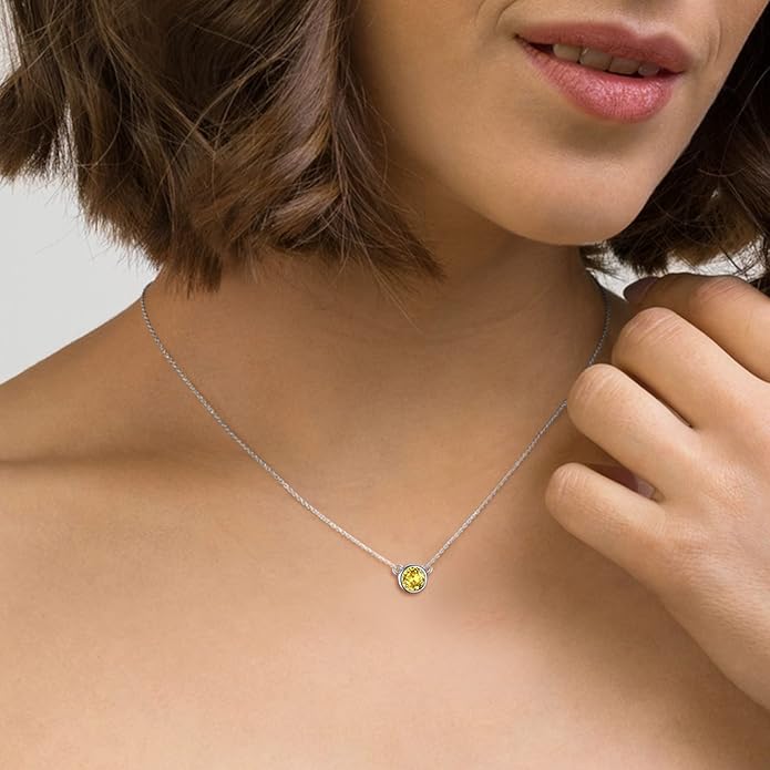 SILVERCUTE Sterling Silver Birthstone Necklace for Women,Dainty Silver Pendant Necklace with Round Cubic Zirconia,16"-18"