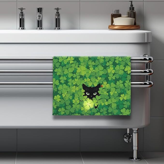 Lucky Clover Cat Green Kitchen Towels-Fun Irish Themed Dish Towels with Hidden Black Cat & Glowing 4-Leaf Design, Decorative Hand Towels for Kitchen Decor or Bathroom Accessories
