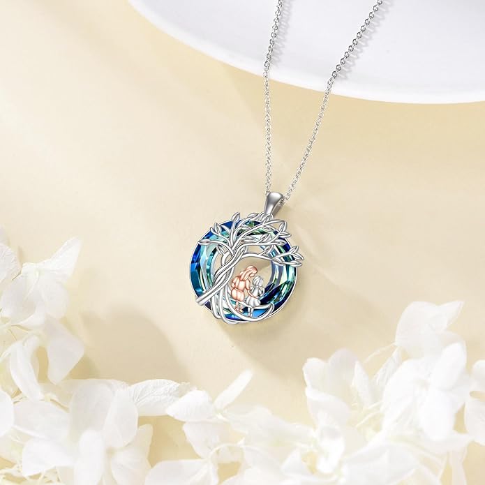 Tree of Life Necklace Sterling Silver Sister Pendant Blue Crystal Jewelry Gift for Women