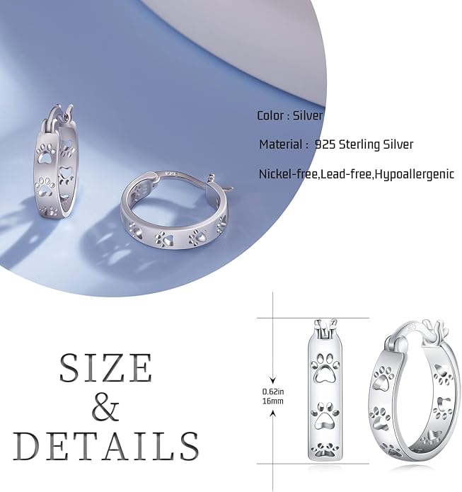 Paw Earrings 925 Sterling Silver Paw Hoop Earrings Cat Dog Jewelry Gifts for Women