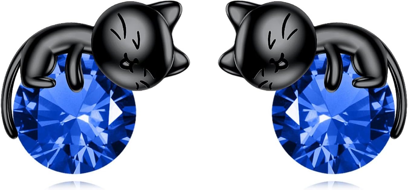 Sterling Silver Birthstone Black Cat Stud Earrings - Cat Birthstone Earrings for Women's Birthday Gift
