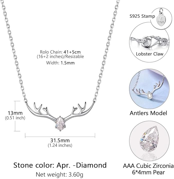 SILVERCUTE Sterling Silver Birthstone Necklaces for Women, Xmas Antler Deer Pendant Necklace with Colorful Cubic Zirconia,16-18 inches