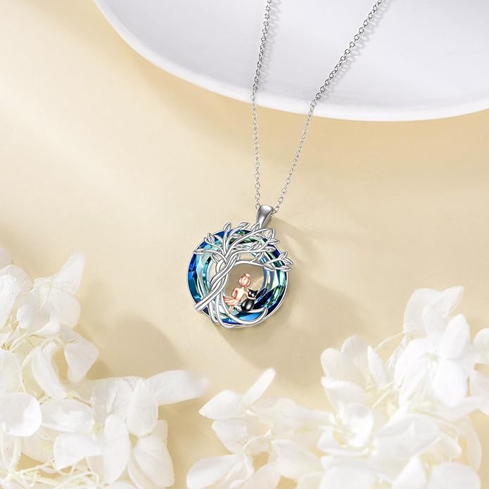 Tree of Life Necklace Sterling Silver Sister Pendant Blue Crystal Jewelry Gift for Women