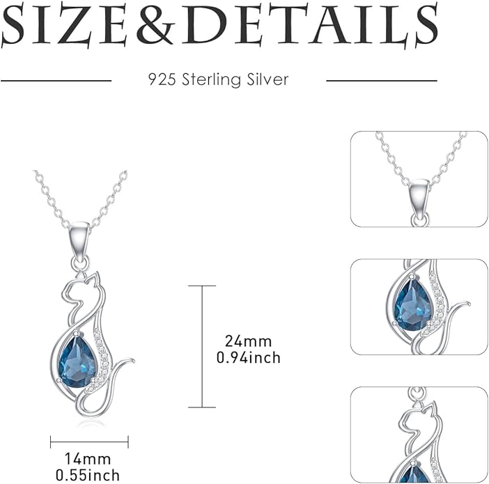 Sterling Silver Blue Topaz/Diamond Cat Pendant Necklace - Jewelry Gifts for Cat Lovers (18"+2")