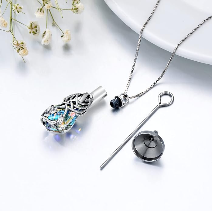 Animal Crystal Urn Necklace For Ashes Sterling Silver Butterfly Dragonfly Bee Phoenix Peacock Hummingbird Fox Angel Wing Pentagram Pentacle Cremation Necklace Heart Teardrop Urn Holder Necklaces For Women Memorial Jewelry