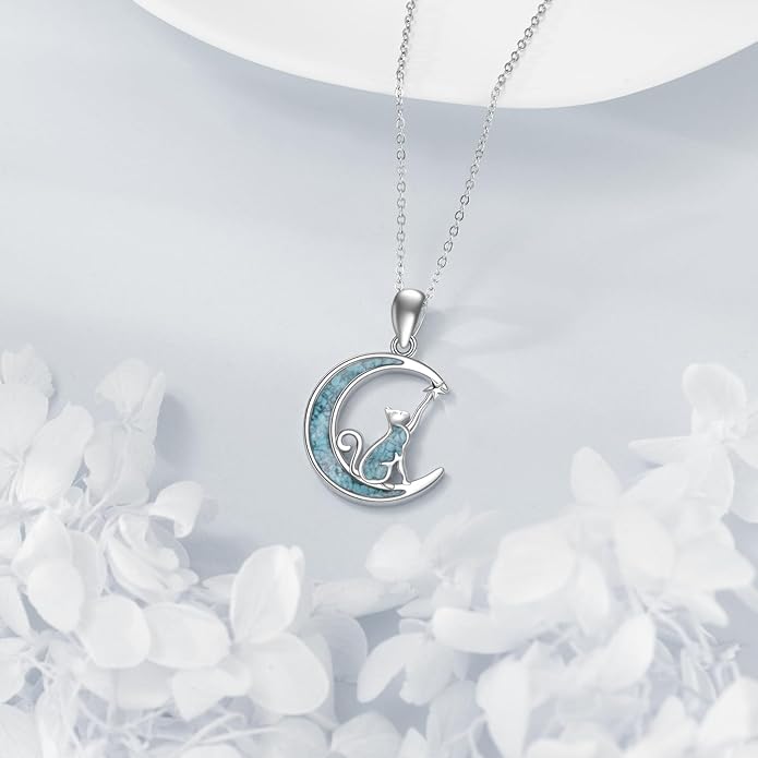 Turquoise Animal Necklace 925 Sterling Silver Cat/Fox/Owl Moon Pendant Jewelry Gift for Women