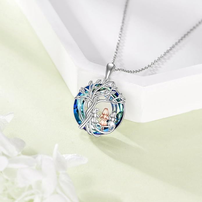 Tree of Life Necklace Sterling Silver Sister Pendant Blue Crystal Jewelry Gift for Women
