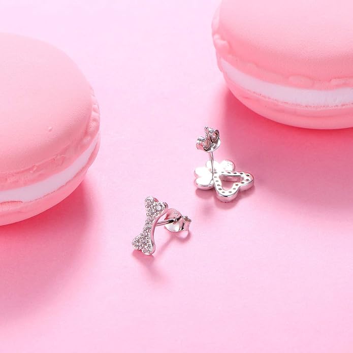 Paw Print Necklace Cat Puppy Paw Earrings Sterling Silver Hypoallergenic Dog Paw and Bone Friendship Cubic Zirconia Paw Set for Women Teen Girls