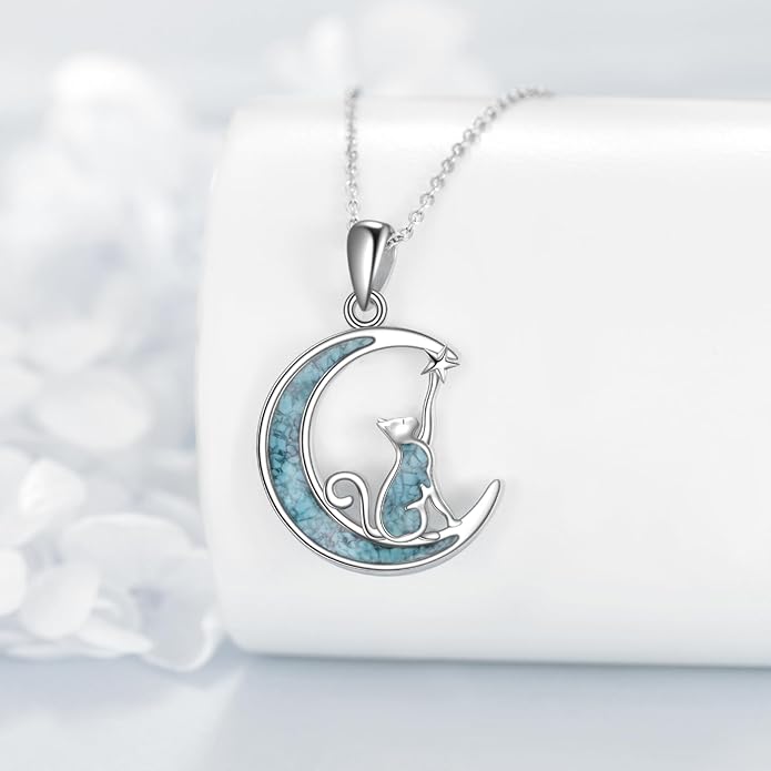 Turquoise Animal Necklace 925 Sterling Silver Cat/Fox/Owl Moon Pendant Jewelry Gift for Women