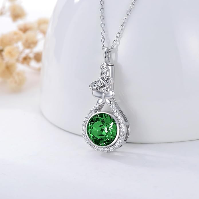 AOBOCO Butterfly Urn Necklace for Ashes 925 Sterling Silver Butterfly Cremation Jewelry Memorial Keepsake Pendant with 12 Months Birthstone Crystal from Austria
