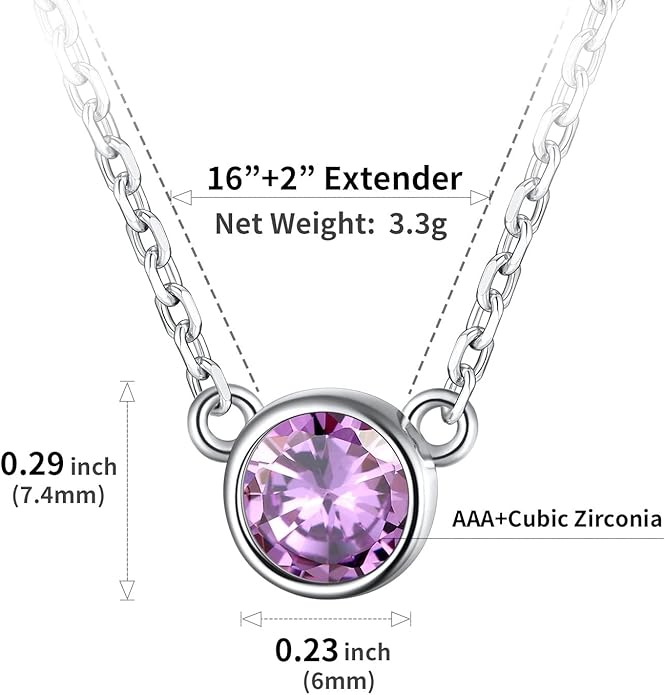 SILVERCUTE Sterling Silver Birthstone Necklace for Women,Dainty Silver Pendant Necklace with Round Cubic Zirconia,16"-18"