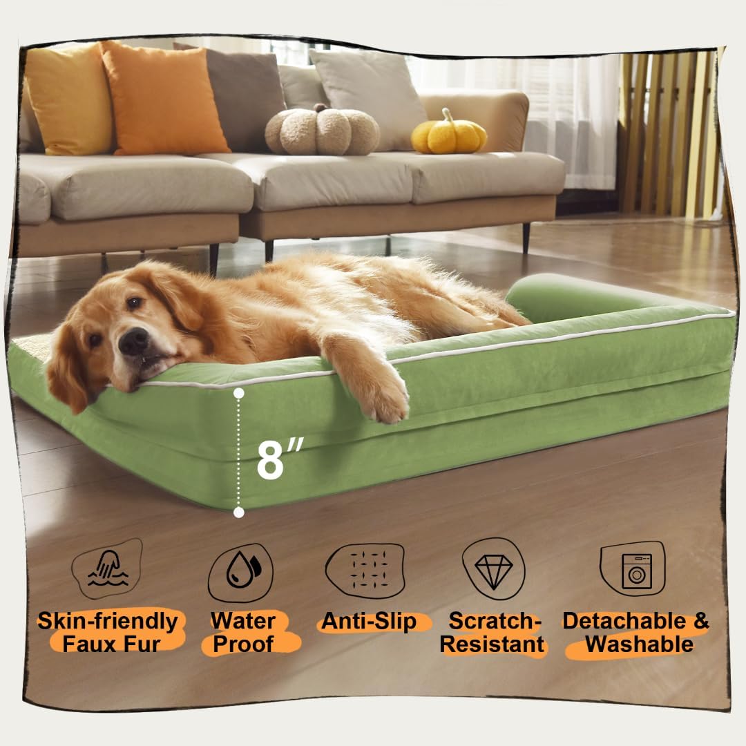 Large Dog Bed Orthopedic Washable - Memory Foam - XXL Large Big Dogs - Beds Bolster Pet - Couch Sofa - Waterproof with Removable Cover - Grass Green Dog Bed